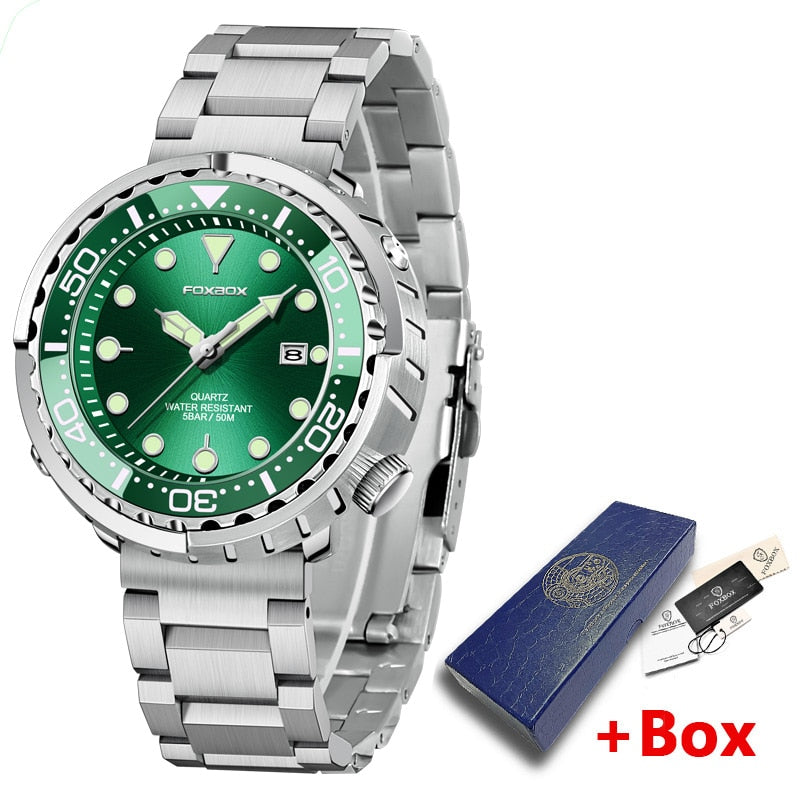 New Men Watches 5ATM Sports Waterproof Quartz Wristwatch Luminous Clock with Steel Bezel Watch for Men Relogio Masculino+Box Green-03L