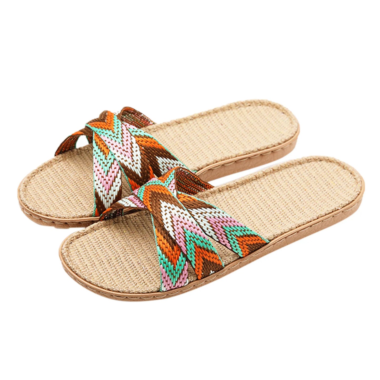 Women Linen Slippers Summer Newest Mixed Colors Cross Strap Flat Fashion Household Sandals Floor Bath Beach Non Slip Slippers