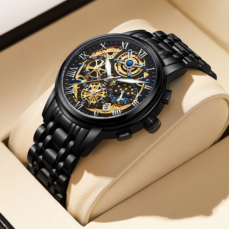 Waterproof Watch For Men Top Brand Luxury Men Watch Fashion Business Sports Quartz Chronograph Wristwatches Reloj Hombre black gold, China