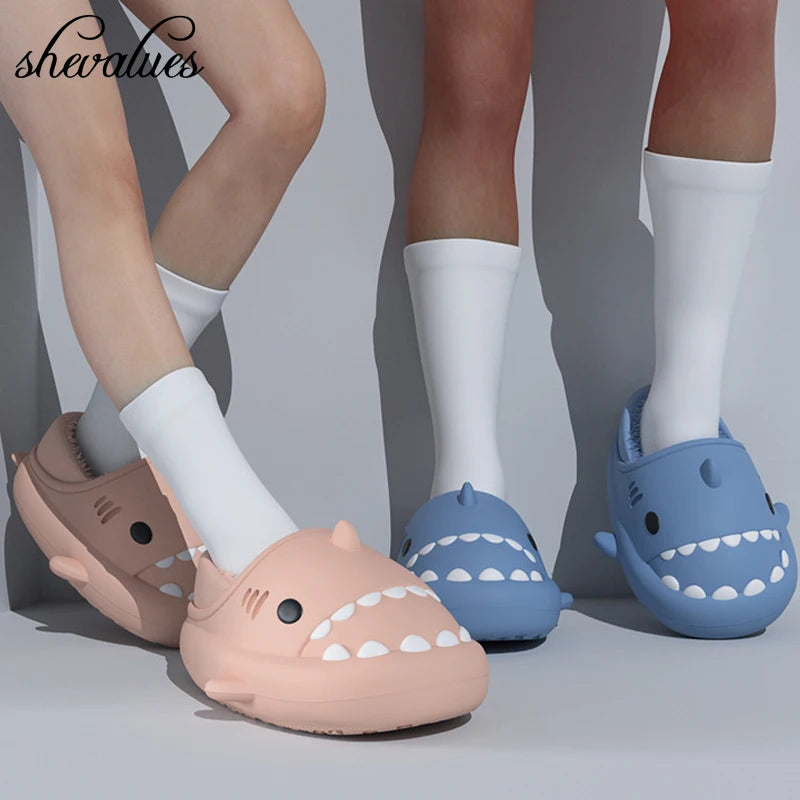 Shevalues New Plush Shark Slippers For Women Men Winter Warm Cartoon Furry Cotton Shoes Non-Slip Waterproof Home Outdoor Slides