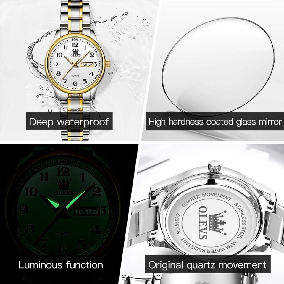 OLEVS Luxury Quartz Watch for Women Elegant Stainless Steel Watch Luminous Waterproof Week Date Wristwatch Ladies Dress Watch