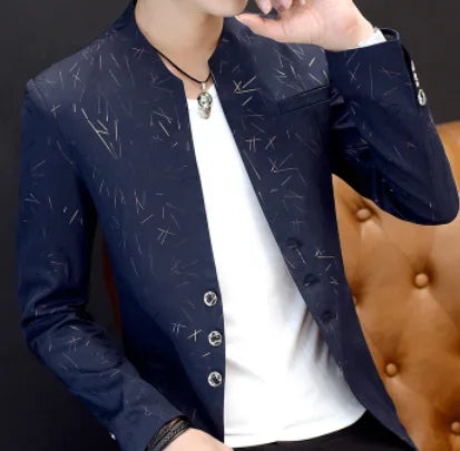 Men Casual Collar Blazers Youth Handsome Trend Slim Print Blazers Blue, XXXL