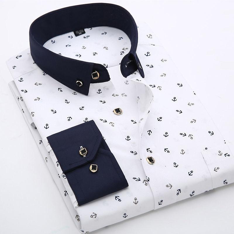 New Fashion Casual Men Long Sleeved Printed Dress Shirt Slim Fit Male Social Business Dress Shirt Brand Men Clothing Soft Comfortable CY117, M - 38