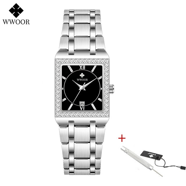 New Fashion Ladies Diamond Watch Top Brand Luxury Square Wrist Watch Simple Women Dress Small Watch Relogio Feminino Silver black