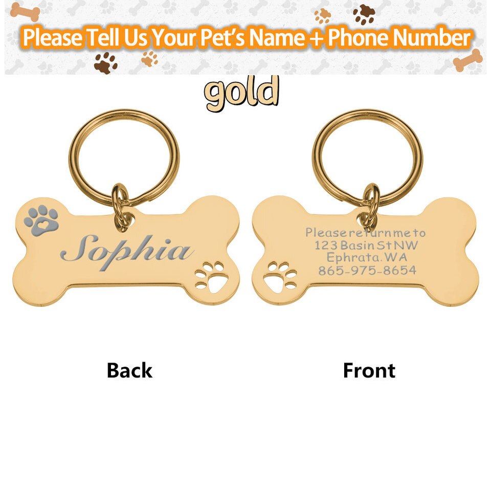 Personalized Dog ID Tag Mirror Name Plate Anti-Lost Pet Collar Pendant Free Engraving Customized Cat Kitten ID Tag Wholesale Gold, 40X21MM