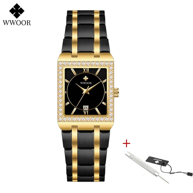 New Fashion Ladies Diamond Watch Top Brand Luxury Square Wrist Watch Simple Women Dress Small Watch Relogio Feminino Gold black gold