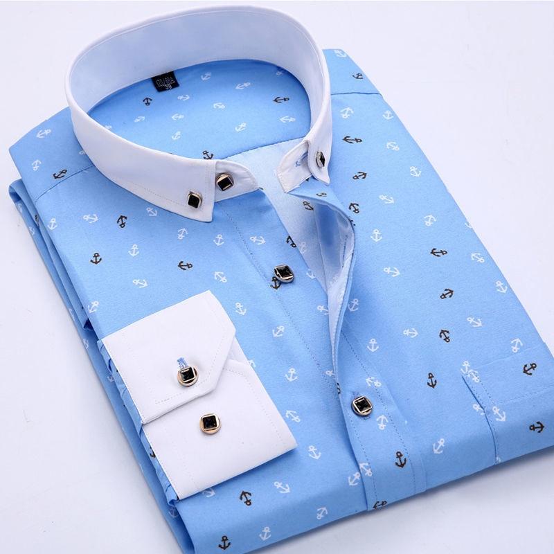 New Fashion Casual Men Long Sleeved Printed Dress Shirt Slim Fit Male Social Business Dress Shirt Brand Men Clothing Soft Comfortable CY116, M - 38