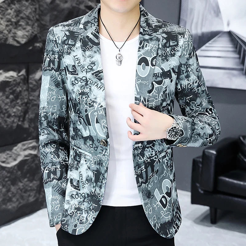 New Letter Printing Men Slim Fit High Quality Homme Social Printing Blazer GRAY, Asian S is Eur XXS