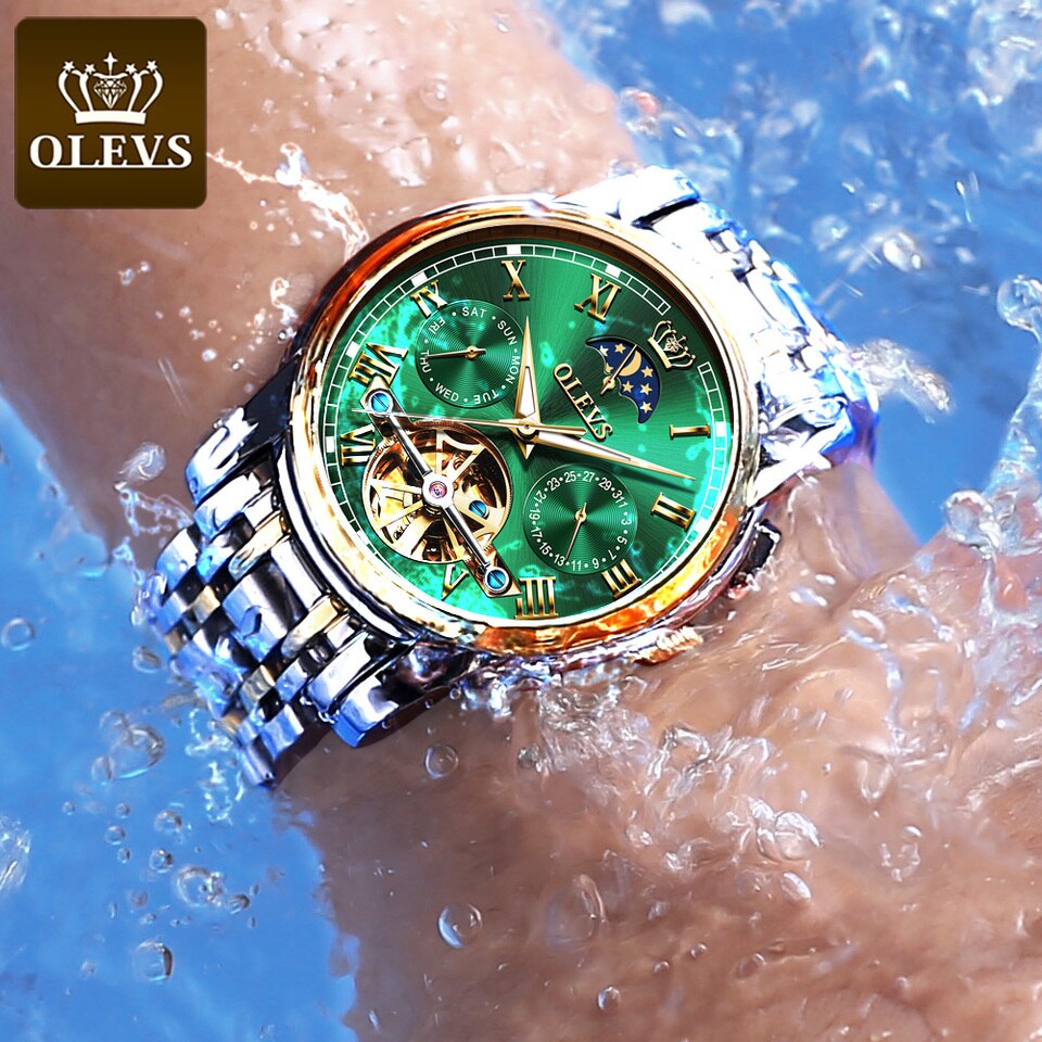 New Men OLEVS Mechanical Dress Watch Top Brand Men Watch Automatic  Dress Luxury Moon Light Phase Tour Billon Wristwatch Gifts for Male