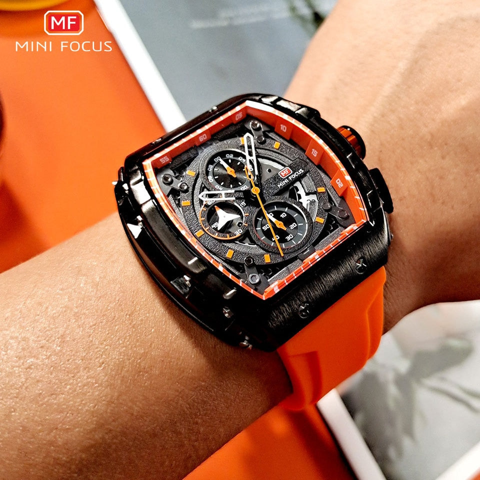 Chronograph Quartz Watch for Men Tonneau Dial Military Sport Wristwatch with Orange Silicone Strap Auto Date