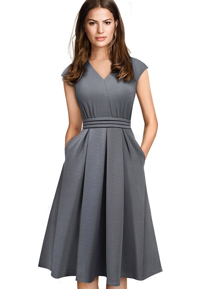 New Brief Elegant Solid Color Sleeveless vestidos with Pocket A-Line Women Flare Dress A196 Gray, M