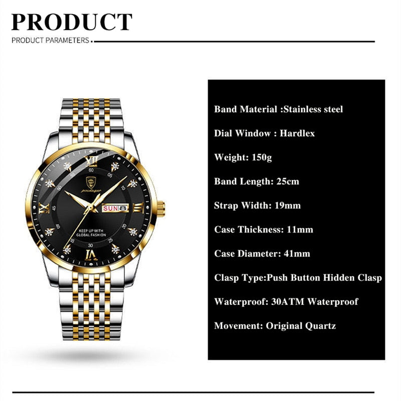 New Casual Sport Chronograph Men's Watches Stainless Steel Band Wristwatch Big Dial Quartz Clock with Luminous Pointers+box