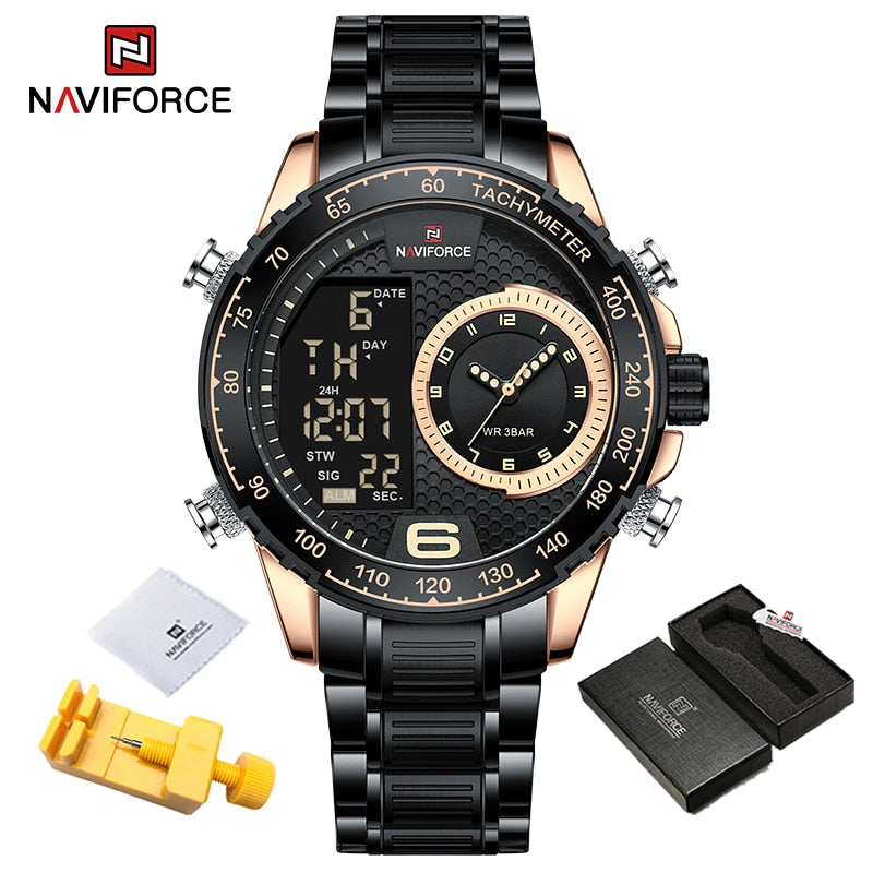 NAVIFORCE Luxury Brand New Watch for Men Stainless Steel Dual Display Quartz Wrist Watches Waterproof Military Sports Male Clock