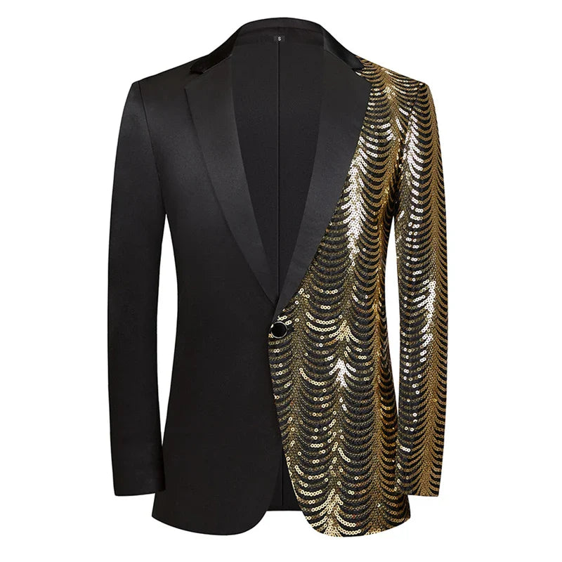 New Men Luxury Wave Striped Gold Sequin Blazer Shawl Lapel One Button Shiny Wedding Party Dinner Tuxedo Blazer Pattern 6, US XXL