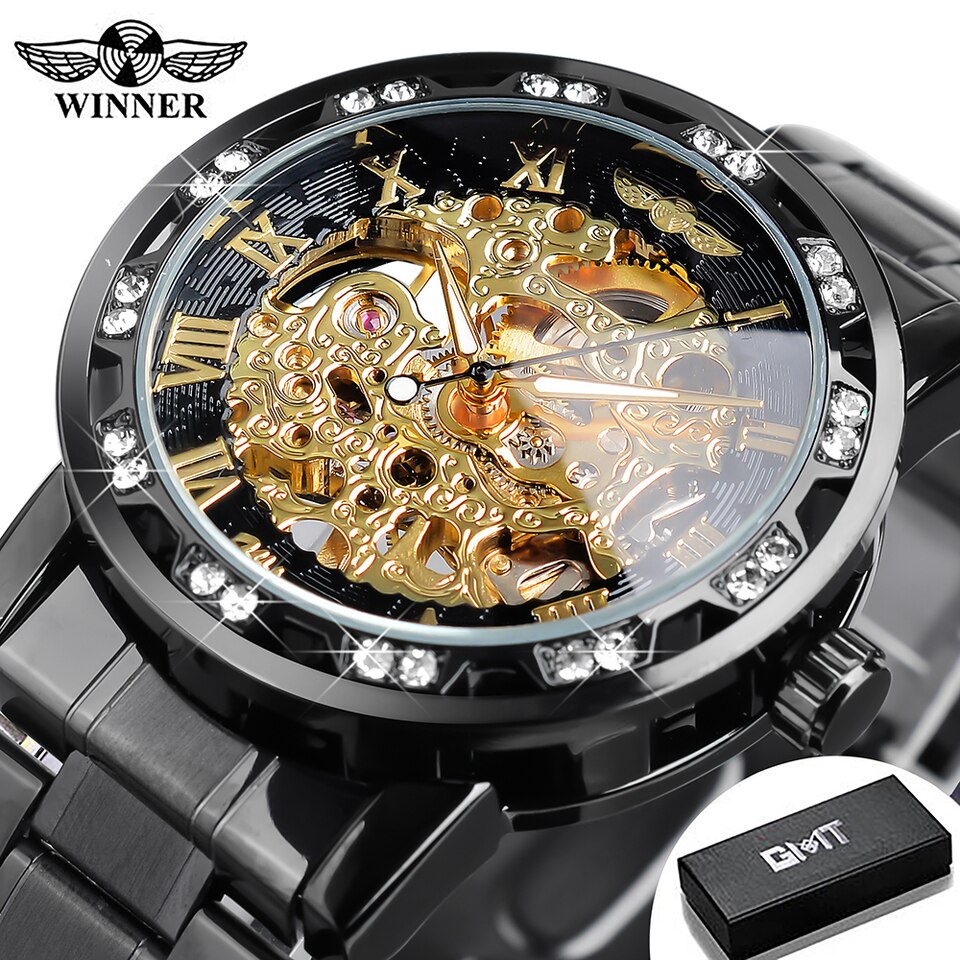 Winner Transparent Fashion Diamond Luminous Gear Movement Royal Design Men Top Brand Luxury Male Mechanical Skeleton Wrist Watch S1089-18