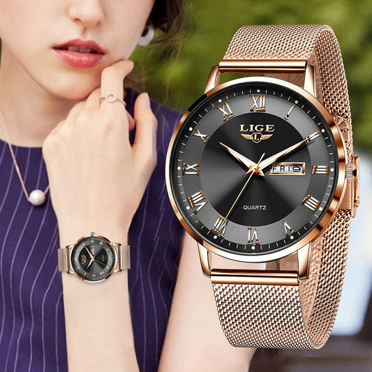 Women Watch Bracelet Quartz Clock Movement Simple Waterproof Rose Gold Stainless Steel Mesh Ladies Watches