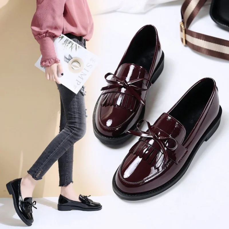 Leather Loafers Women's Black Patent Platform Slip on Shoes for Women New Spring British Tassel Casual Bowknot Flats Shoes