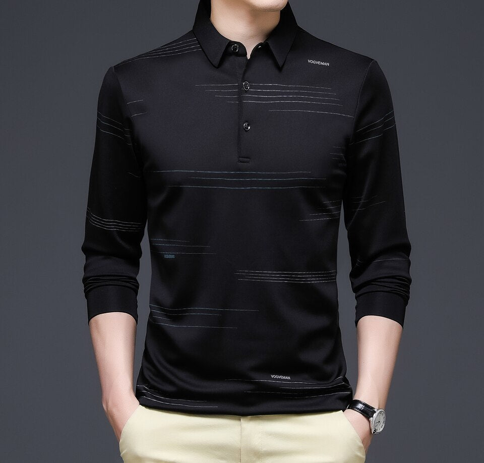 New Men Polo Shirt Autumn Casual Business Tops Solid Polo Shirts Mens Long Sleeve Polo Homme Fashion Korean Slim Lapel Tee Black P4135, S