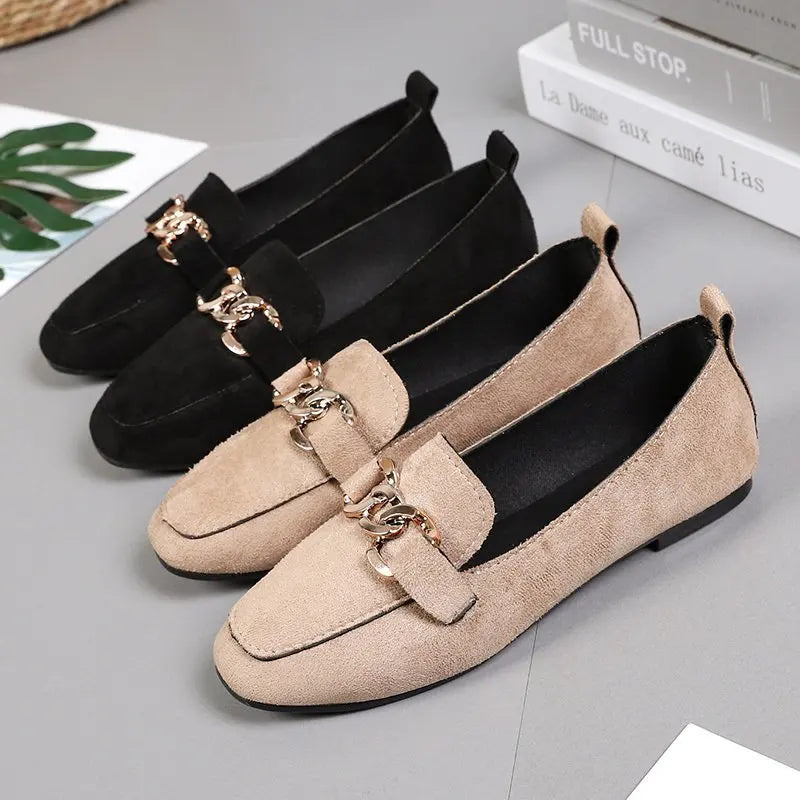 Spring Fashion Flat Shoes Women Quality Metal Slip on Loafer Shoes Ladies Flats Big Size