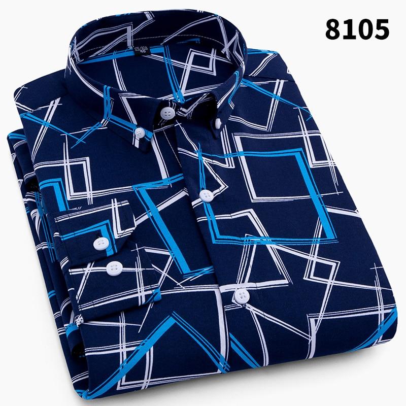 New Fashion Casual Men Long Sleeved Printed Dress Shirt Slim Fit Male Social Business Dress Shirt Brand Men Clothing Soft Comfortable 8105, M - 38