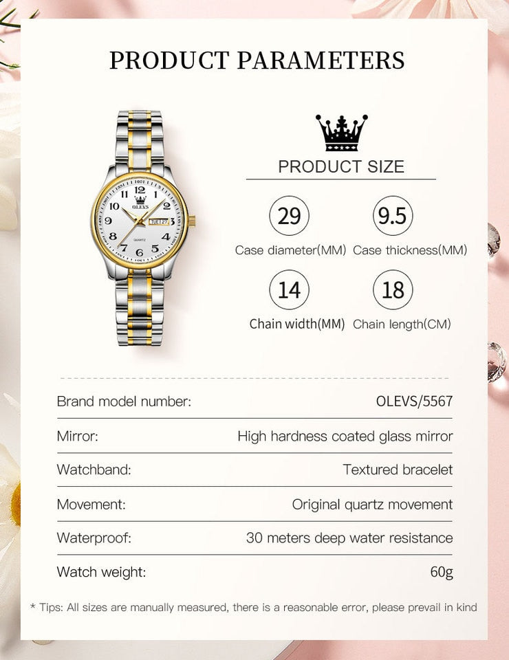 OLEVS Luxury Quartz Watch for Women Elegant Stainless Steel Watch Luminous Waterproof Week Date Wristwatch Ladies Dress Watch