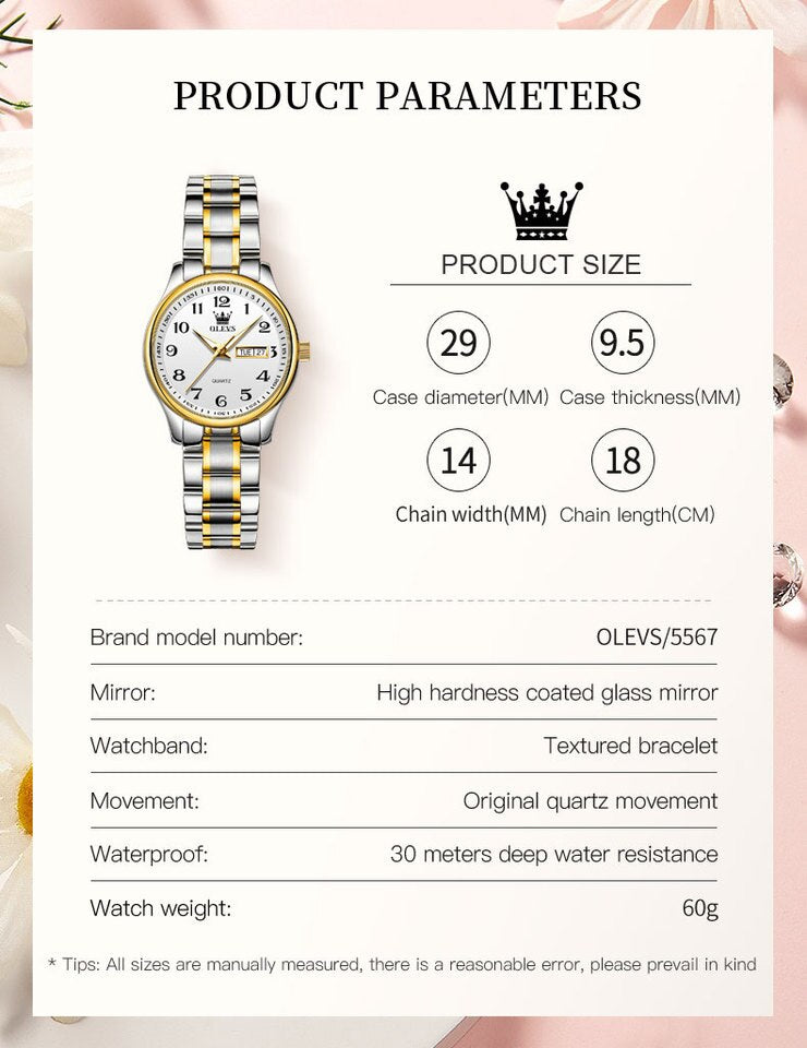 Luxury Quartz Watch for Women Elegant Stainless Steel Watch Luminous Waterproof Wristwatch Ladies Dress Watch