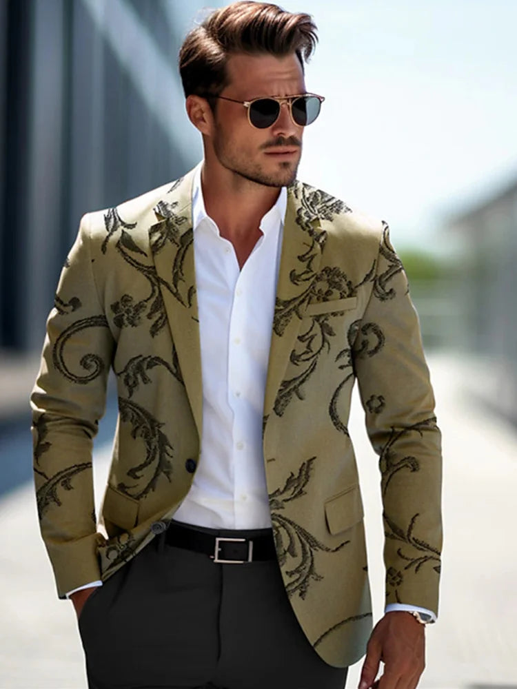 New Flower Vine Boutique Men Casual Printed Suit Business Casual Indoor Office Outdoor gold, XL