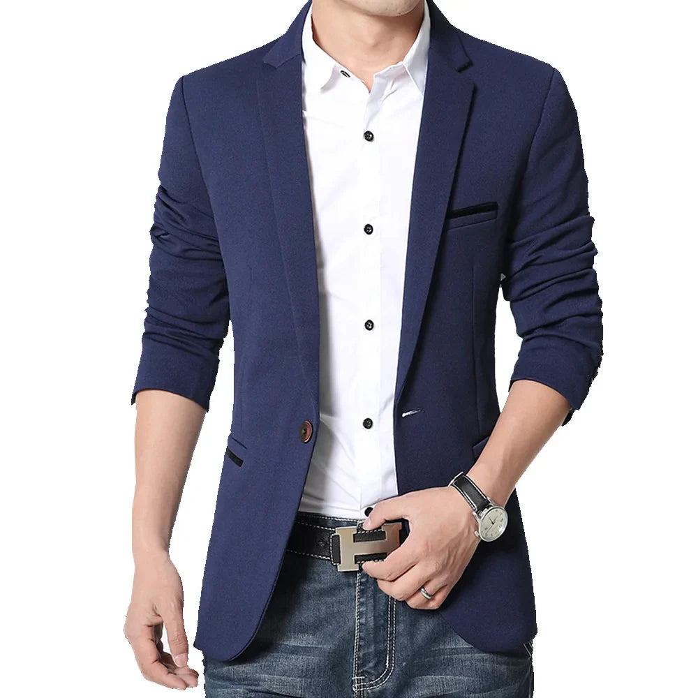 New Men Casual Blazer Autumn New Fashion Slim Business Suit Coat Gentleman High-quality Men's Clothing navy blue, 5XL (87-93KG)