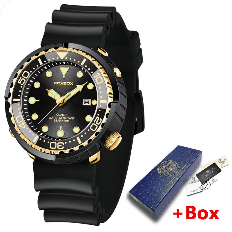 New Men Watches 5ATM Sports Waterproof Quartz Wristwatch Luminous Clock with Steel Bezel Watch for Men Relogio Masculino+Box Black Gold-Silicone