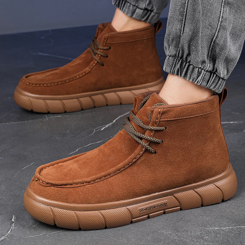 Men Retro Work Shoes Autumn Winter Thick Bottom High Top Non Slip Warm Casual Boots Leather Lace-up Big Head Tooling Boots