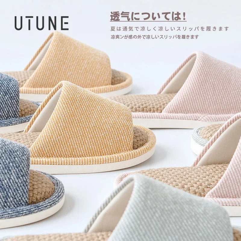 Natural Linen Women's Slippers Mute Comfortable Indoor Home Couple Shoes Soft Sole Anti-slip Couple Four Season Slides