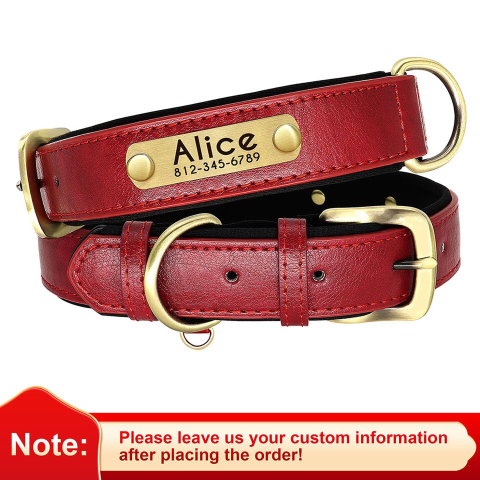 Customized Leather ID Nameplate Dog Collar Soft Padded Dogs Collars Free Engraving Name for Small Medium Large Dogs Adjustable Red, XS