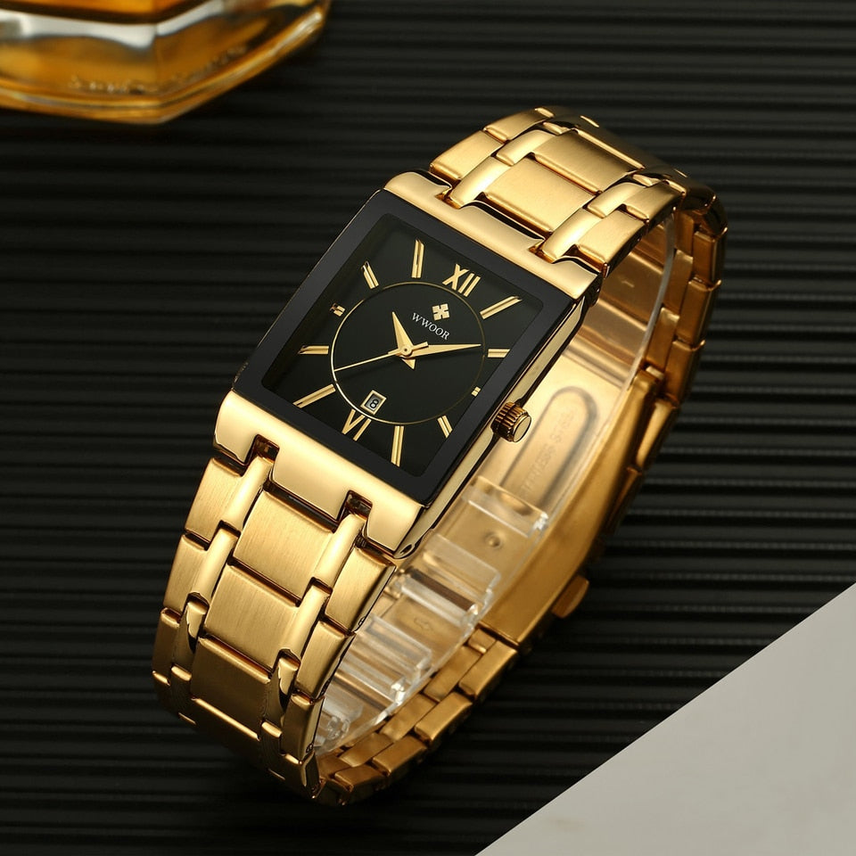 Relogio Masculino WWOOR Gold Watch Men Square Mens Watches Top Brand Luxury Golden Quartz Stainless Steel Waterproof Wrist Watch