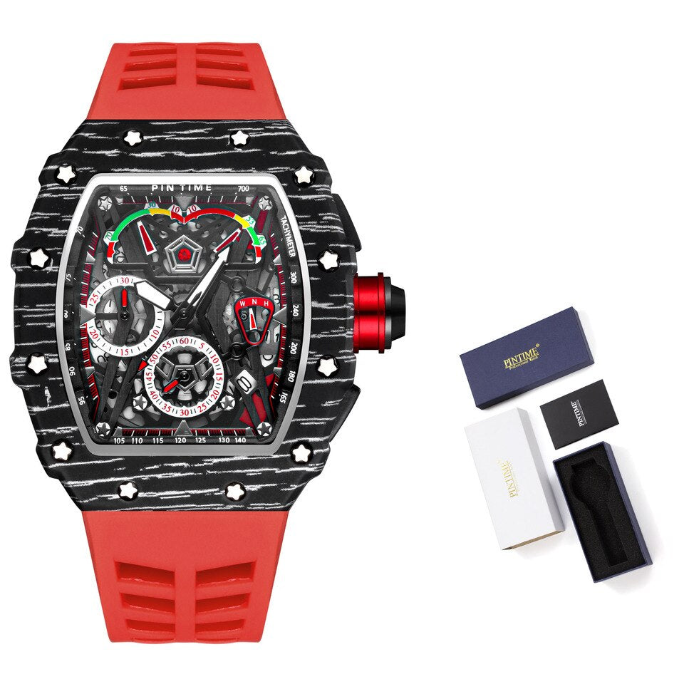 Men Fashion Sport Watch Chronograph Function Stopwatch Red Rubber Strap Auto Date Male Luxury Wristwatch 4 with box, China