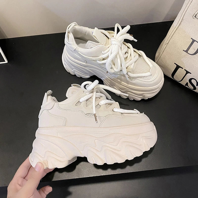 Women Platform Casual Breathable Mesh Shoes Summer Chunky Sneakers 8.5CM Wedges Hidden Heels Hollow Leisure Shoes Woman