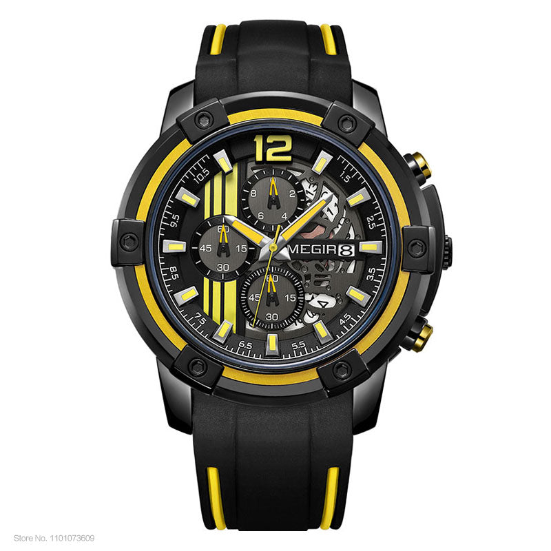 Men Sports Quartz Watch Yellow Chronograph with Black Silicone Strap Luminous Hands Waterproof 3 ATM Code 2097