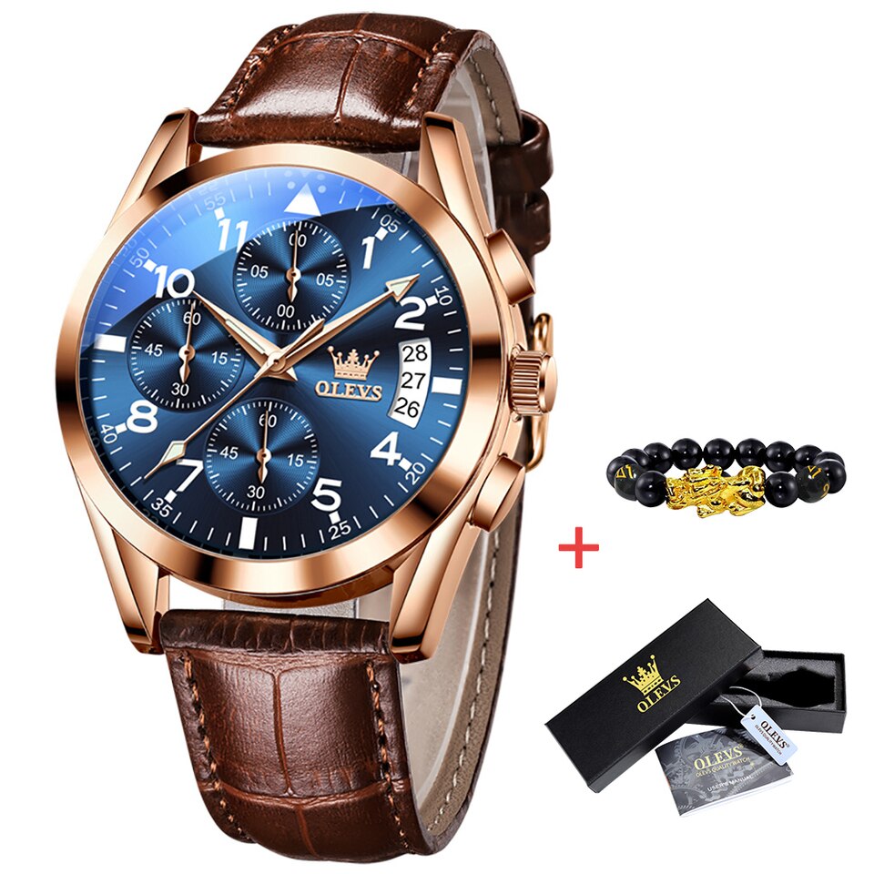 OLEVS 2878 Quartz Men Watch Classic Waterproof Luminous Wristwatch Leather Strap Date Display Luxury Top Brand Watch for Men gold blue face