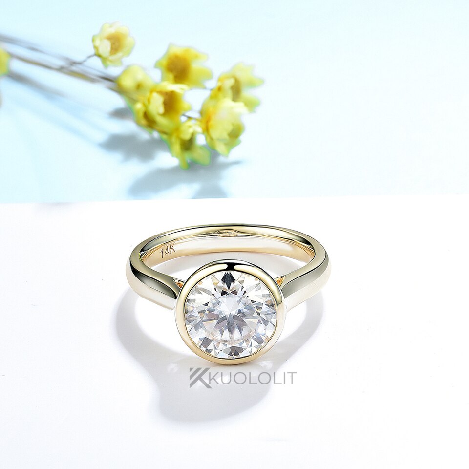 2.5CT Round Moissanite Ring for Women Soild 18K 14K Yellow Gold Bezel Set Diamond Ring  for Engagement Christmas Gifts