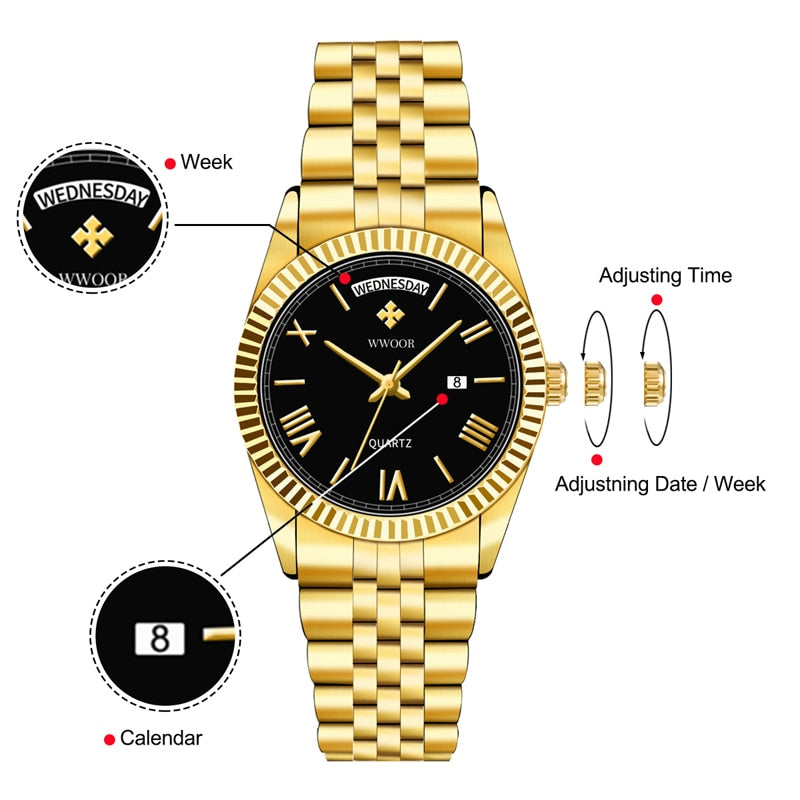 New Gold Watches Mens Luxury Stainless Steel With Calendar Warter proof Male Clock Week Quartz Wristwatch Relogio Masculino