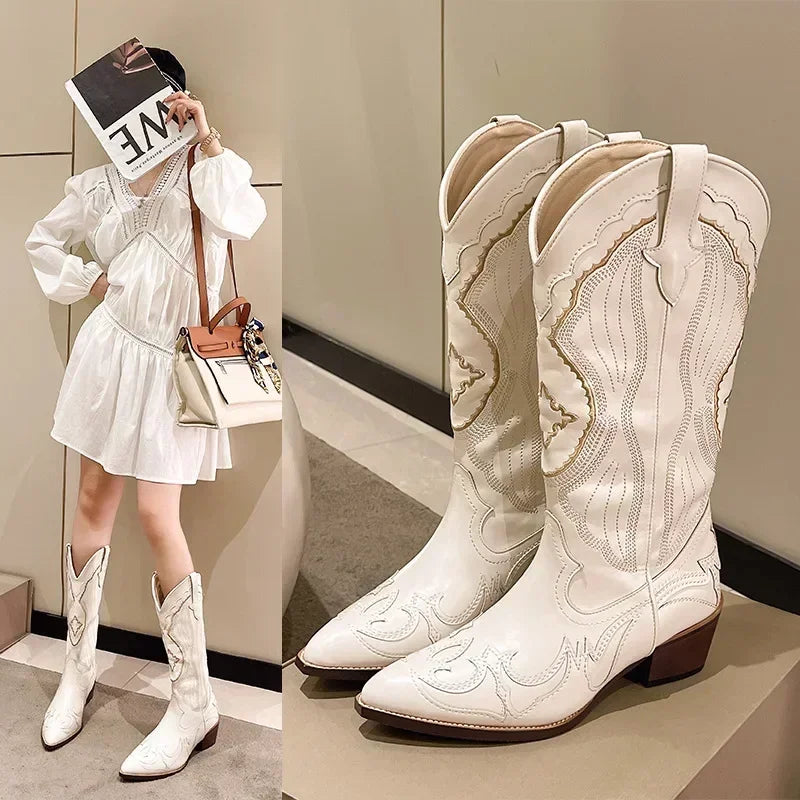 Women's Embroidered Western Mid Calf Boots Cowboy Square Heels Boots Pointed Toe Platform Boots Women Western Shoes