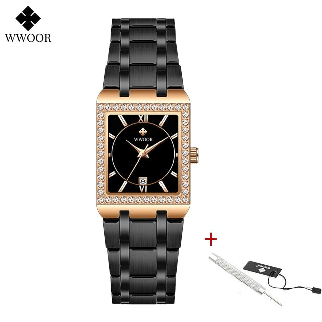 New Fashion Ladies Diamond Watch Top Brand Luxury Square Wrist Watch Simple Women Dress Small Watch Relogio Feminino Black rose