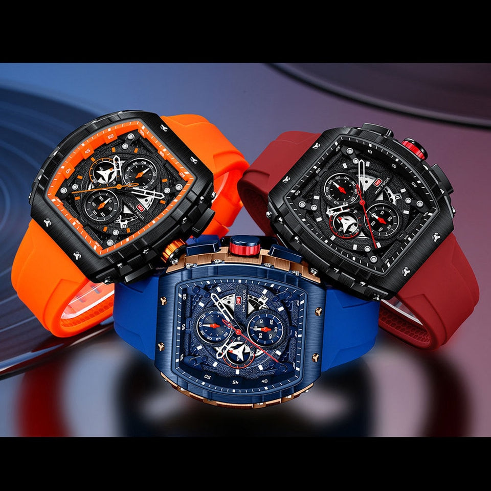 Chronograph Quartz Watch for Men Tonneau Dial Military Sport Wristwatch with Orange Silicone Strap Auto Date