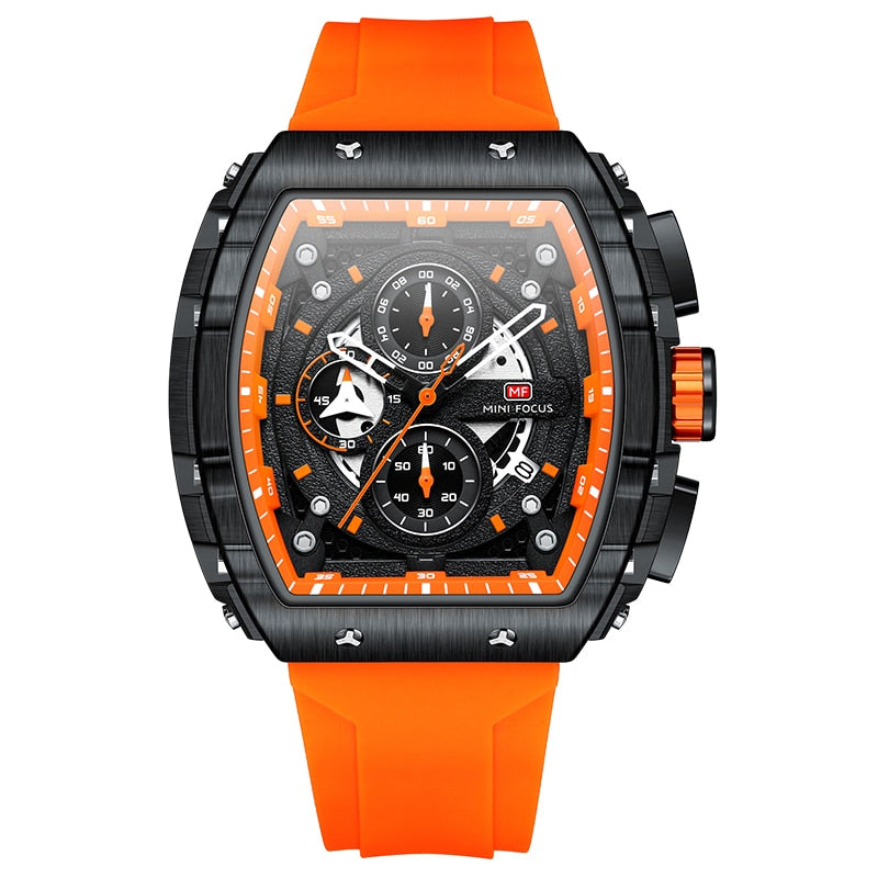 Chronograph Quartz Watch for Men Tonneau Dial Military Sport Wristwatch with Orange Silicone Strap Auto Date