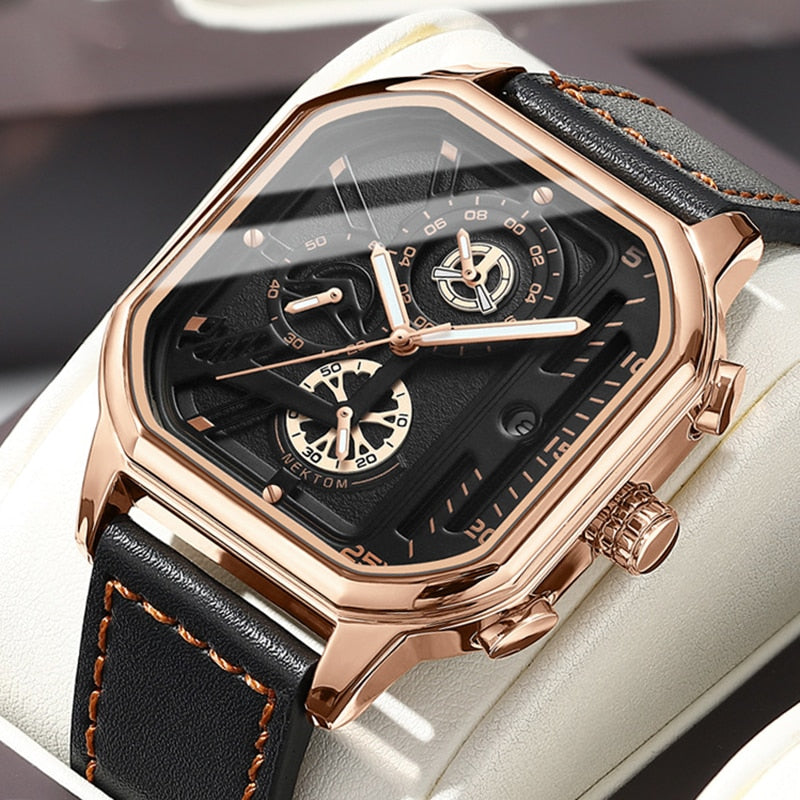 Square Chronograph Casual Fashion Sports Wrist Watch For Men Leather Clock Luxury Business Wristwatch Waterproof Date Watch