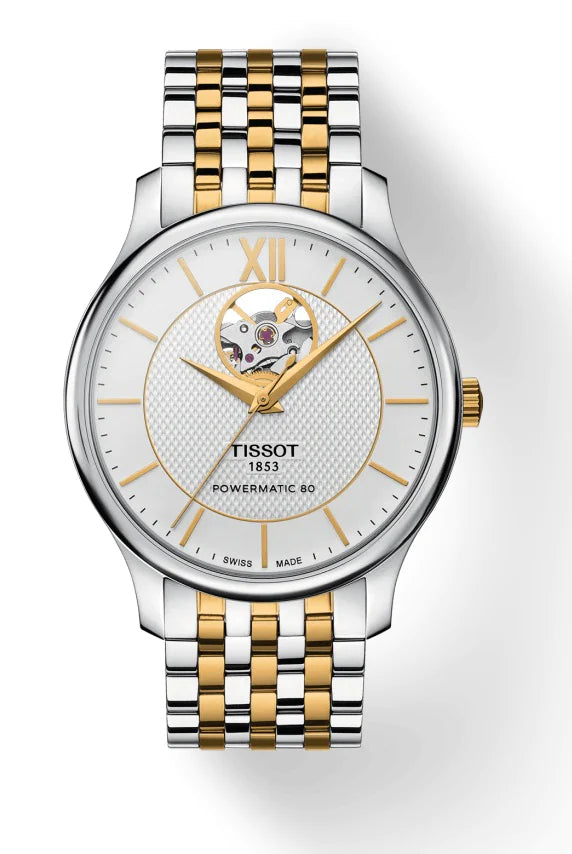 TISSOT TRADITION POWERMATIC 80 OPEN HEART Gold Silver Luxury Watch For Men