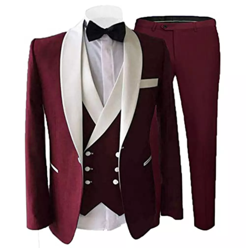 New Tailor Made Royal Blue Men Suit Groom Tuxedos Peak Lapel Best Man Suits Mens Wedding Suits (Jacket+Pants+Vest) Burgundy, XS