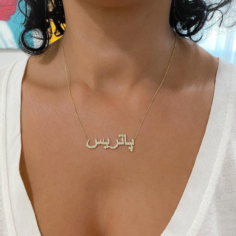 Custom Arabic Name Necklace Crystal Arabic Pendant Personalized Islamic Nameplate Gold Chain Stainless Steel Jewelry For Women