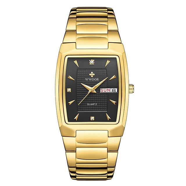 New Square Watch Men with Automatic Week Date Luxury Stainless Steel Gold Mens Quartz Wrist Watches Relogio Masculino