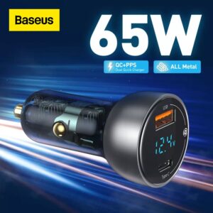 New Baseus 65W PPS Car Charger USB Type C Dual Port PD QC Fast Charging For Laptop Translucent Car Phone Charger For iPhone Samsung