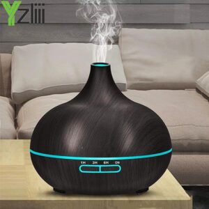 New High Quality Light Air Humidifier 550ml Aromatherapy Essential Oil Diffuser Wood Grain Remote Control Ultrasonic Air Humidifier with 7 Colours Light